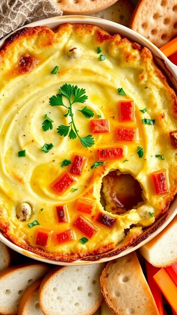 Warm artichoke dip in a rustic dish, garnished with parsley, served with bread and veggies.